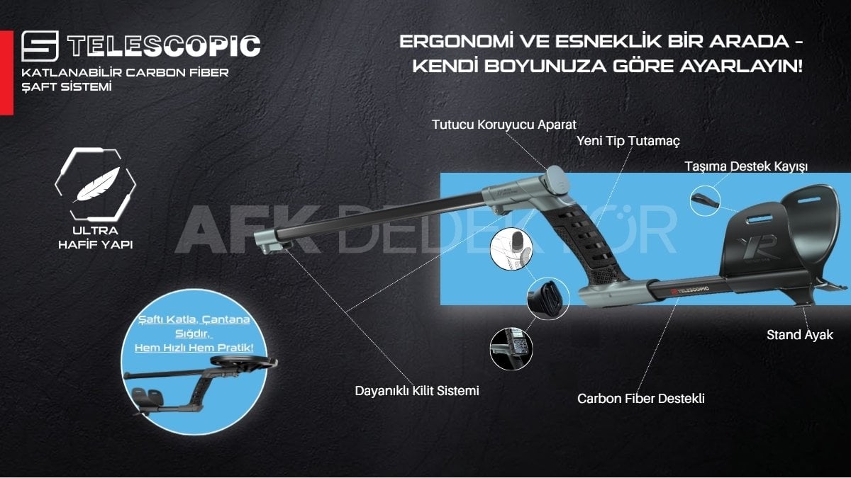 XP DEUS 2 teleskopik şaft sistemi ergonomik kullanım