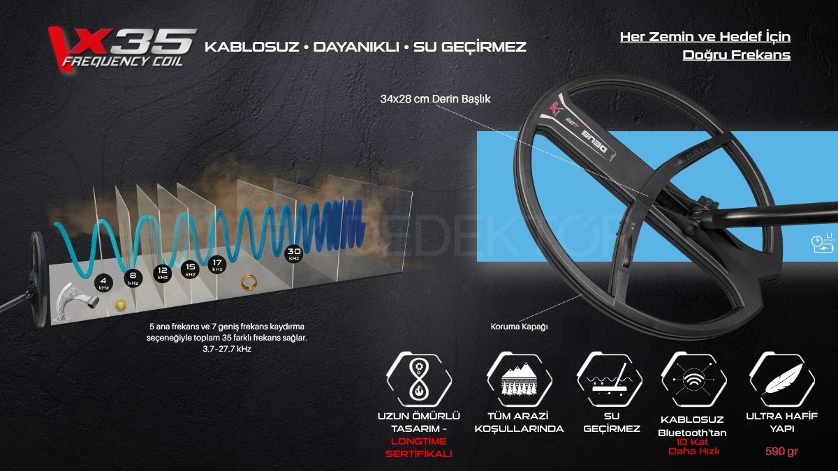 XP DEUS 34x28 cm X35 başlık 35 frekans kablosuz metal dedektörü derin arama performansı