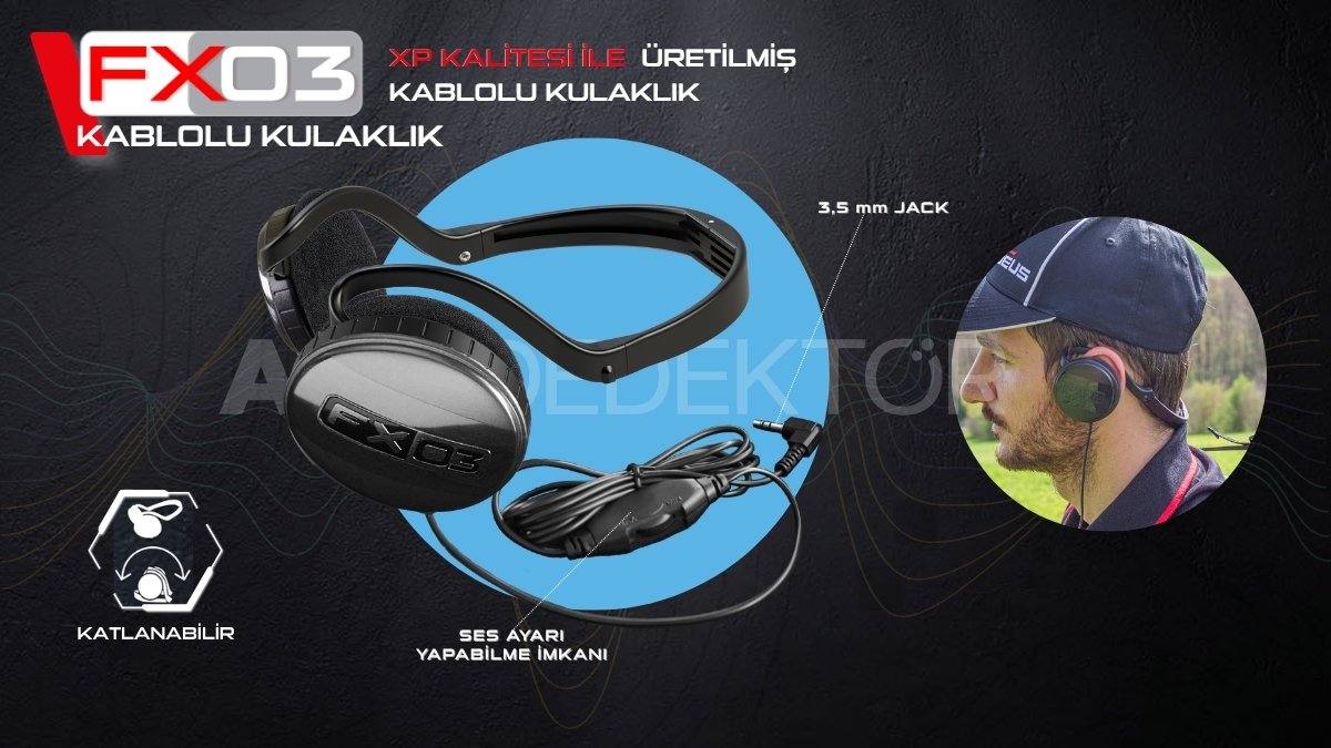XP DEUS FX03 kablolu kulaklık 3.5 mm jack bağlantılı hafif katlanabilir metal dedektörü kulaklığı