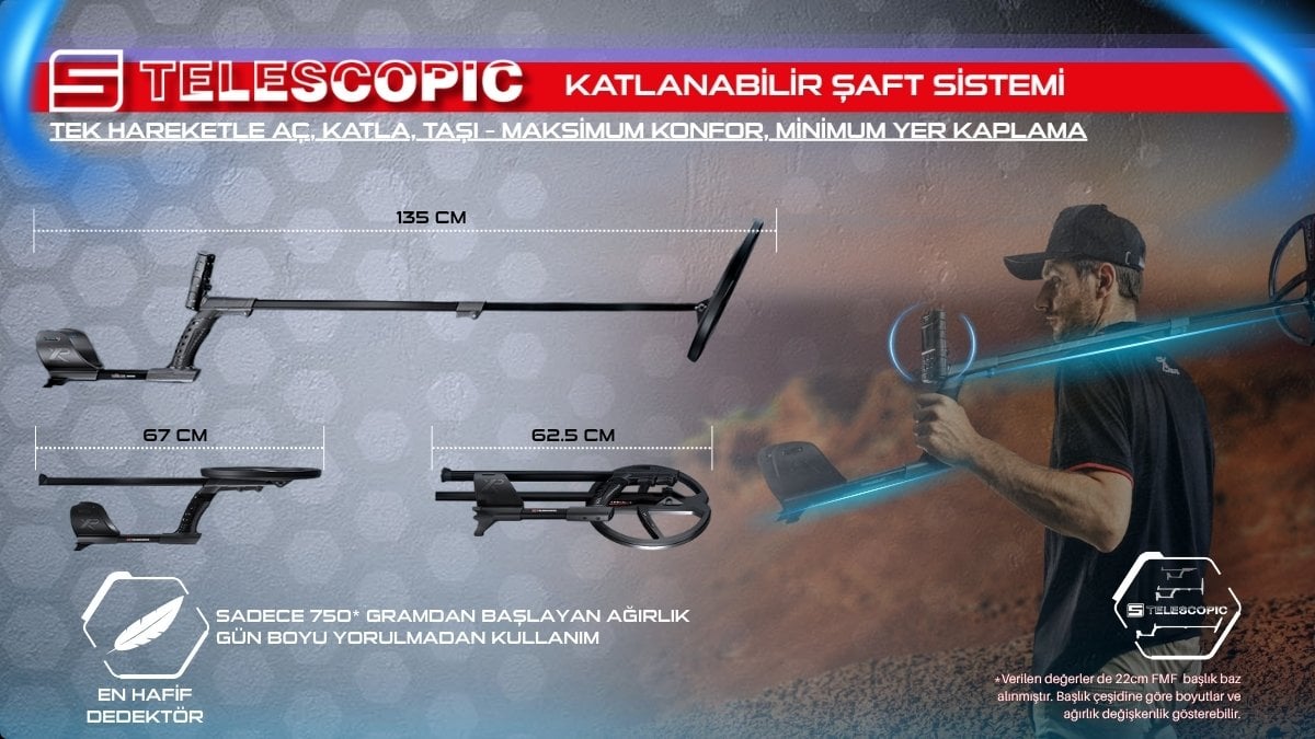 XP DEUS 2 S Telescopic katlanabilir şaft sistemi hafif kompakt tasarım