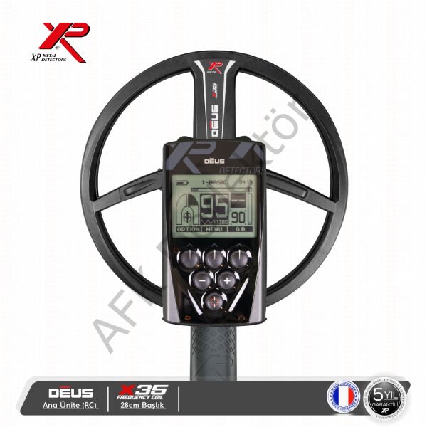 XP DEUS RC ana kontrol üniteli 28 cm X35 başlıklı metal dedektörü önden görünüm