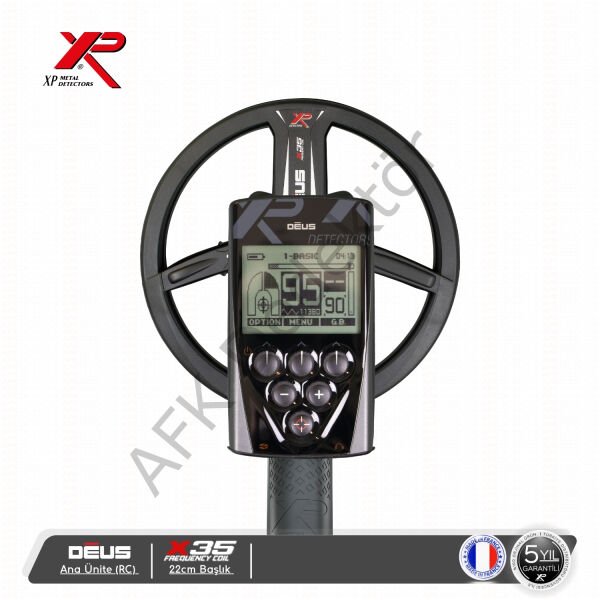 XP DEUS RC ana üniteli 22 cm X35 başlıklı metal dedektörü önden görünüm