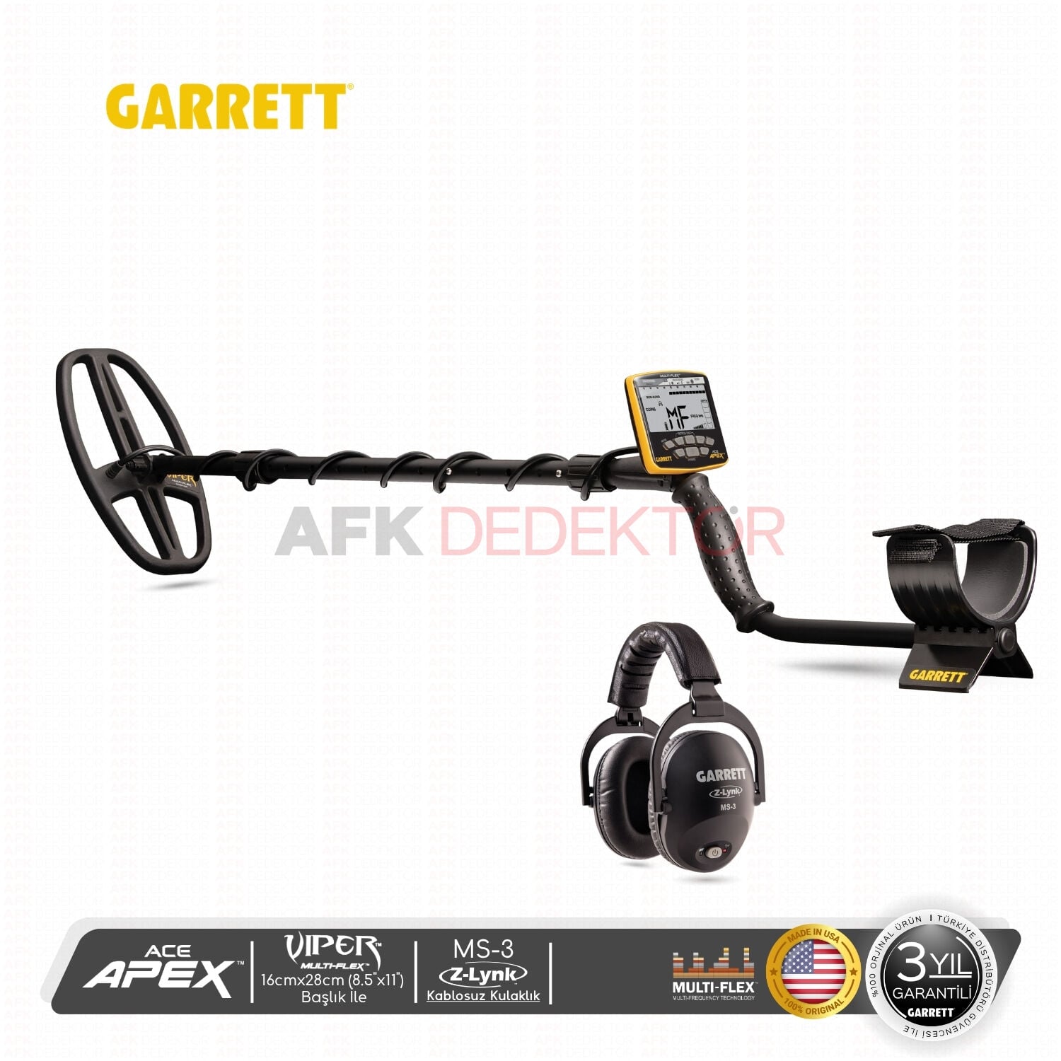 Garrett ACE Apex 16x28cm Başlık & MS-3 Kablosuz Kulaklıklı Metal Dedektörü