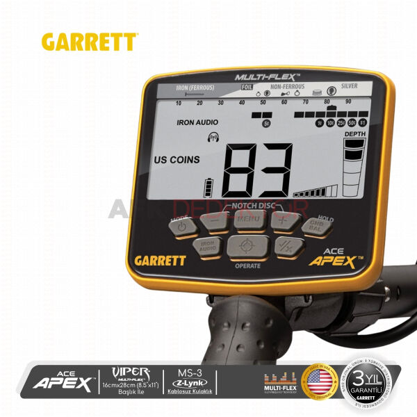 Garrett ACE Apex 16x28cm Başlık & MS-3 Kablosuz Kulaklıklı Metal Dedektörü