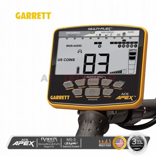 Garrett ACE Apex MS-3 Kablosuz Kulaklık & 22x28cm  Raider Başlık Metal Dedektörü