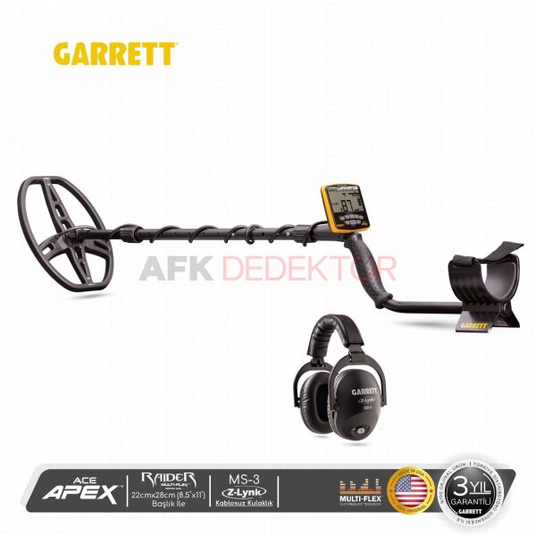 Garrett ACE Apex MS-3 Kablosuz Kulaklık & 22x28cm  Raider Başlık Metal Dedektörü
