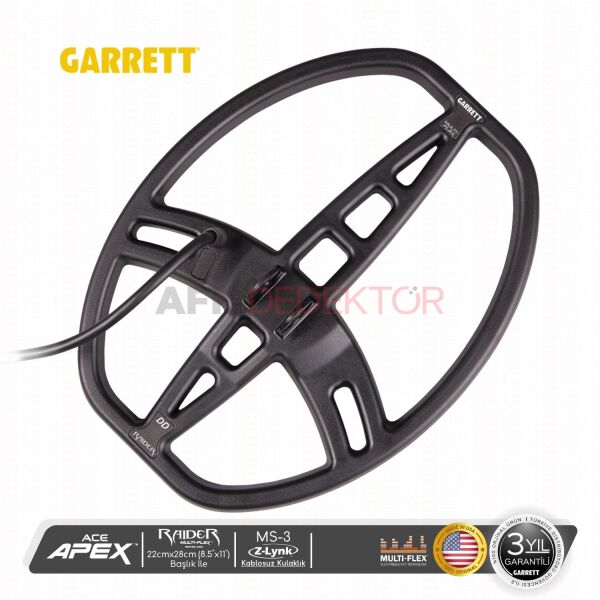 Garrett ACE Apex MS-3 Kablosuz Kulaklık & 22x28cm  Raider Başlık Metal Dedektörü