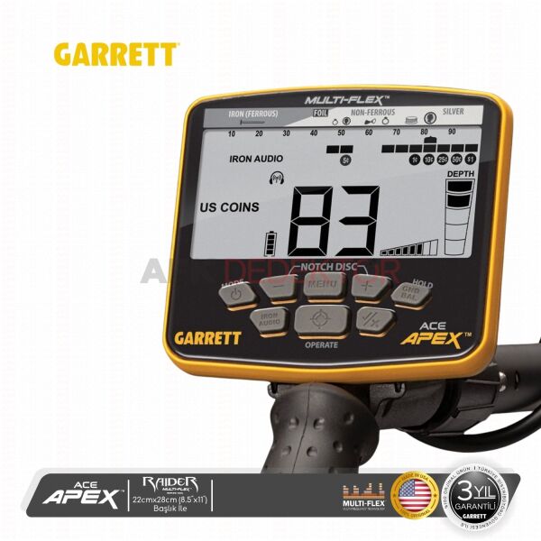 Garrett ACE Apex Multi-Frequency 22X28cm Raider Başlıklı Metal Dedektörü