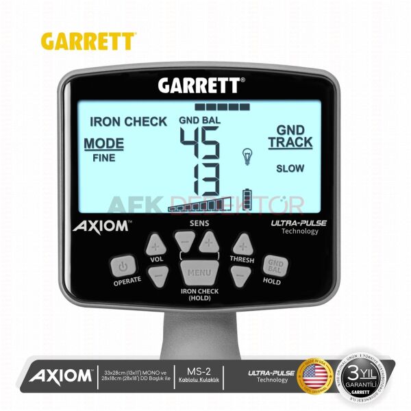 Garrett Axiom Dedektör 13x11” (33x28 cm) Mono + 11x7” (28x18 cm) DD-FC Başlık + MS-2 Kablolu Kulaklık